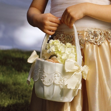 Flower Girl Basket with Embroidered Sheer Trim & Bows ~ White or Ivory