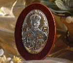 Italian Silver Greek Orthodox St. Nicholas on Wood Stand