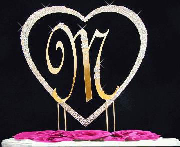 Crystal Studded Heart Topper with 1 Large Flower Letter (Finish Choice) ~ Cake Jewelry
