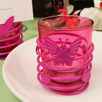 "Butterfly Heart Swirl" Hot Pink Steel Candle Holder & Candle Boxed