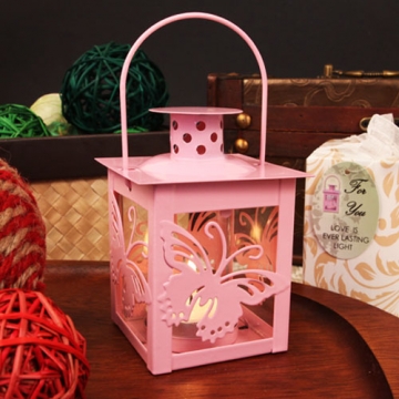 "Butterfly Light" Glass Window Pink Steel Lantern + Candle