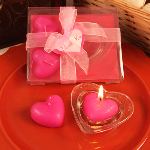 Three Little Hearts Heart-shaped Hot Pink Candles with Tray Giftboxed
