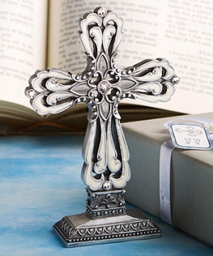 Pewter Color Cross Statue w/Ivory Enamel Inlay Giftboxed